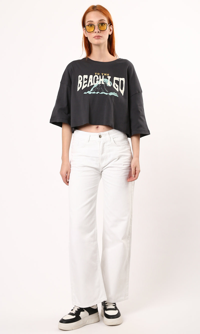 O183091 Printed "Beach I Go" Cotton Dark Grey Cropped Tee