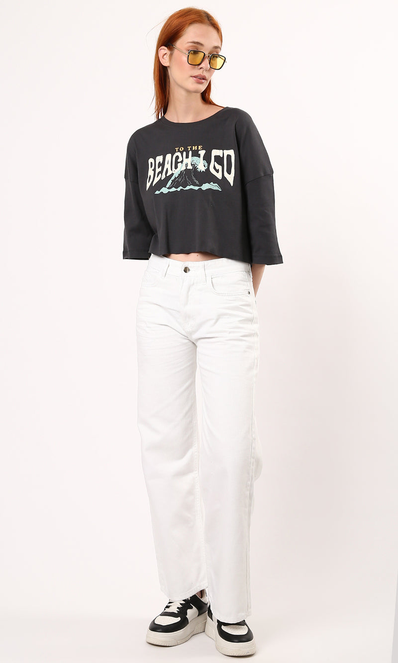 O183091 Printed "Beach I Go" Cotton Dark Grey Cropped Tee