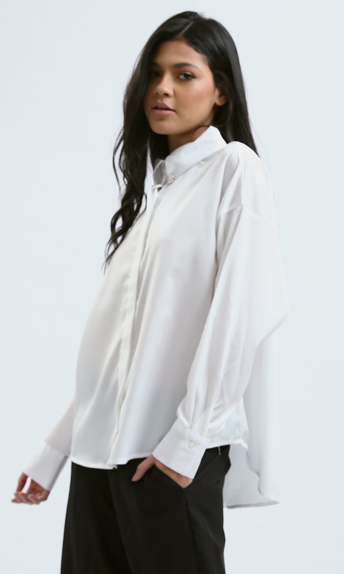 O183093 Long Sleeves Solid White Shirt With Hidden Buttons