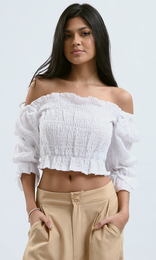 O183095 White Feminine Elastic Top With Off-Shoulders
