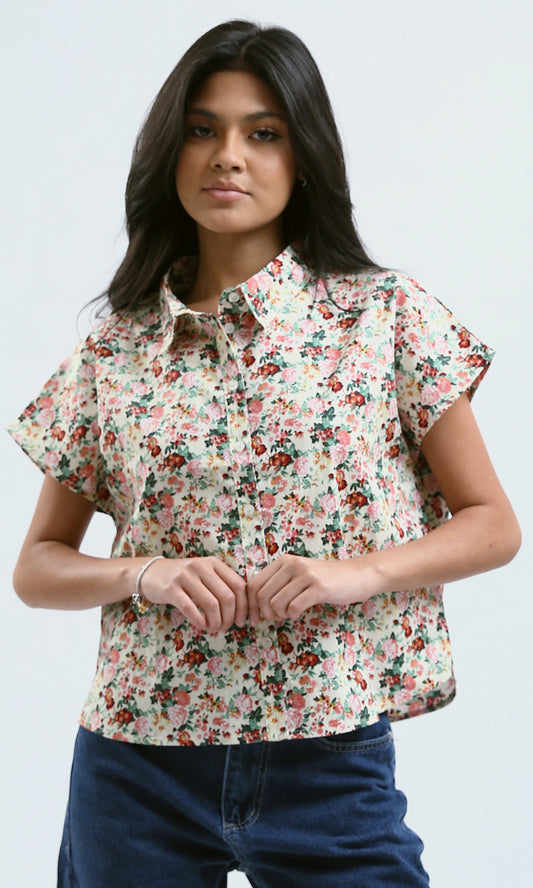 O183096 Short Sleeves Floral Shirt With Classic Collar - Multicolour