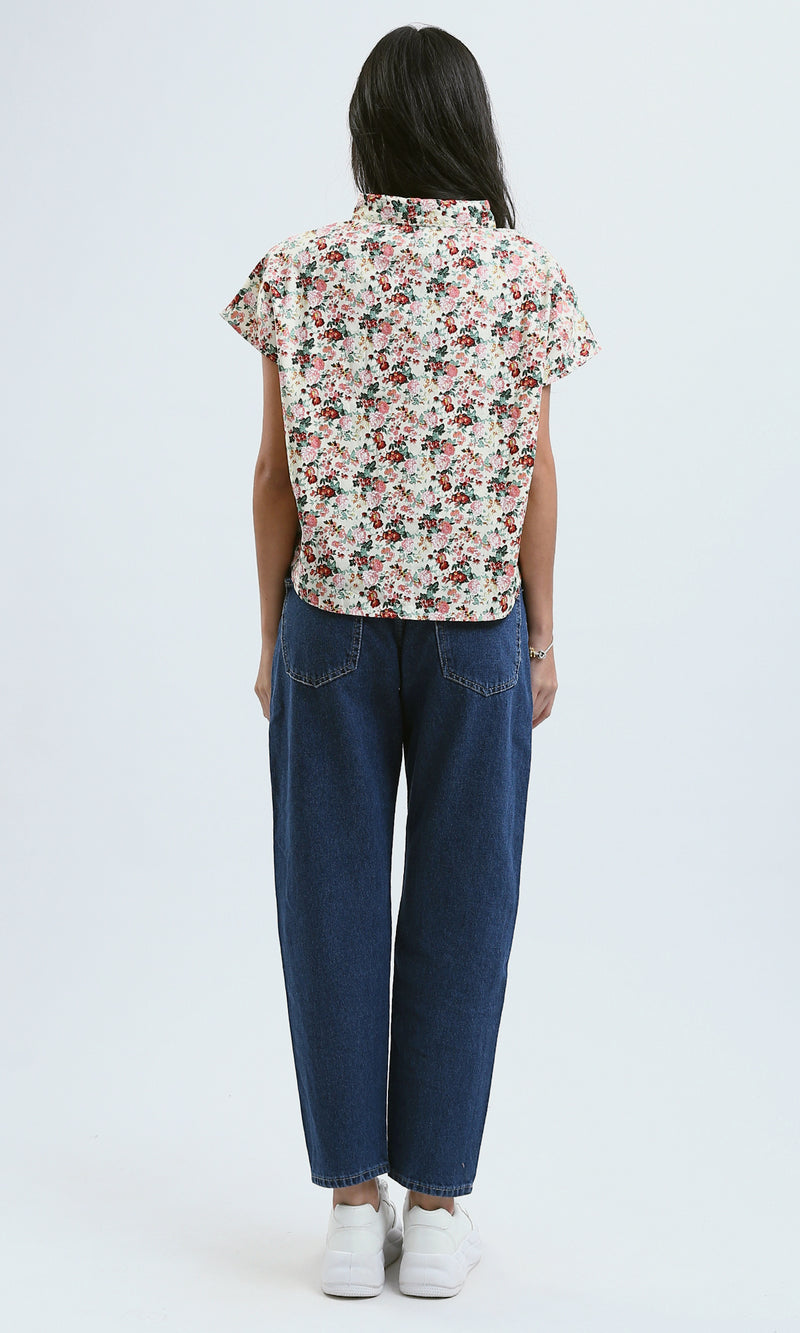 O183096 Short Sleeves Floral Shirt With Classic Collar - Multicolour