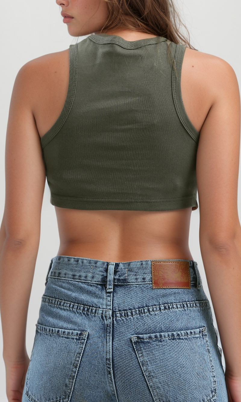 تانك توب بدون أكمام كاكي وياقة دائرية