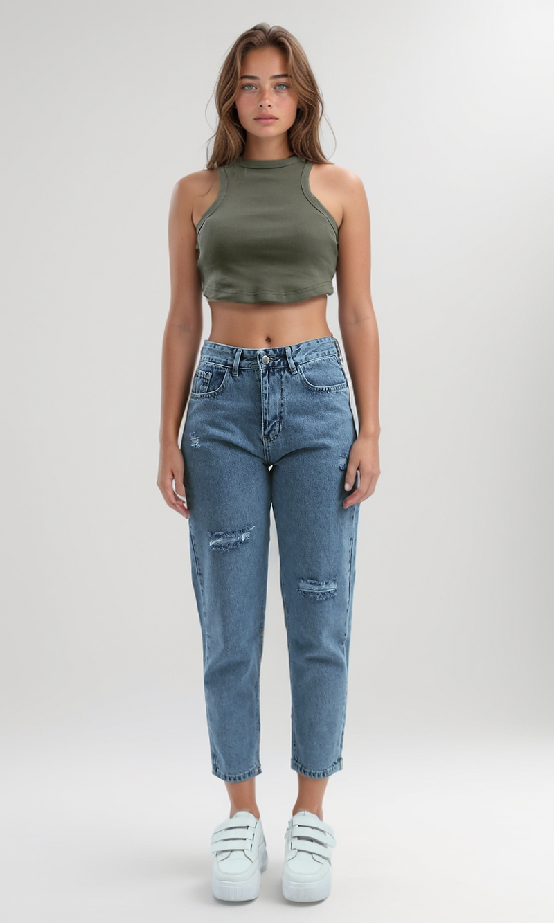 تانك توب بدون أكمام كاكي وياقة دائرية