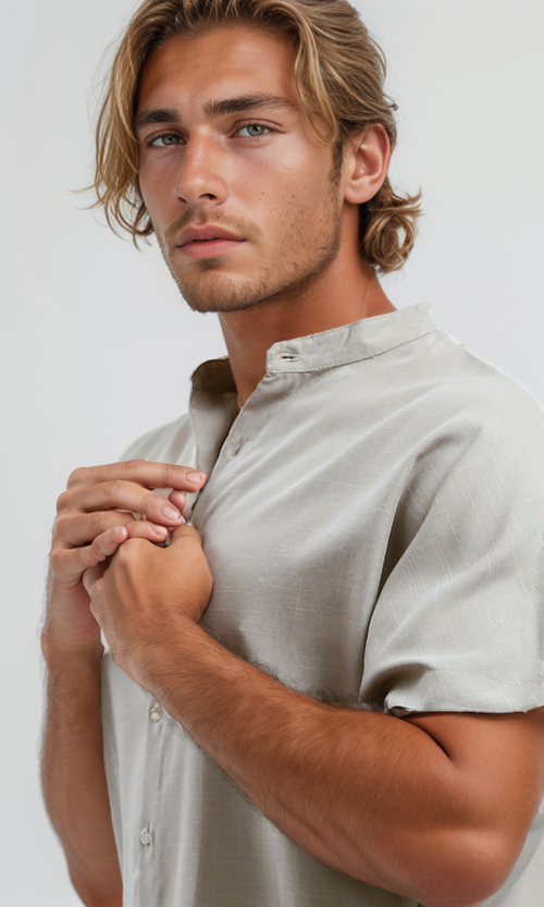 O187181 Pastel Beige Textured Summer Shirt