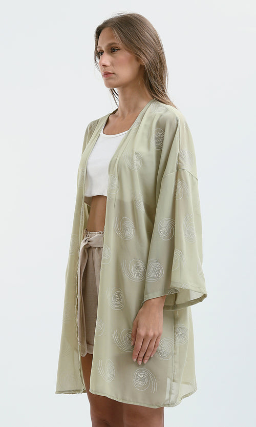 O187204 Casual Patterned Khaki Short Sleeves Cardigan