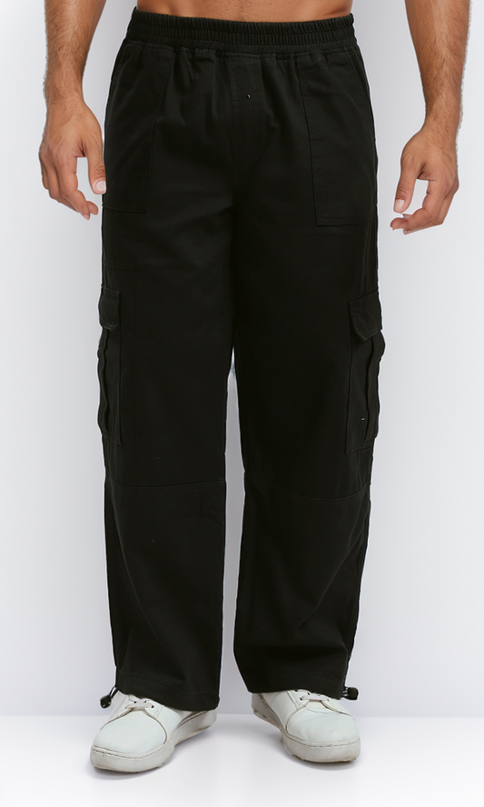 O187227 Slip On Solid Black Casual Cargo Pants