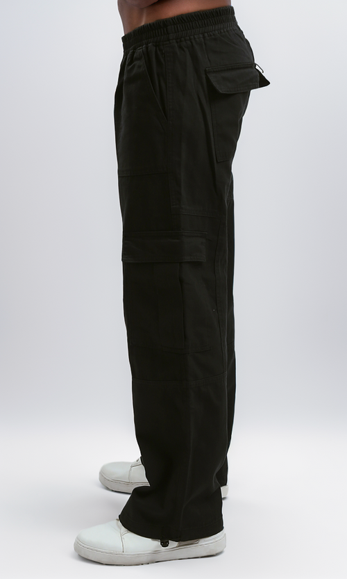O187227 Slip On Solid Black Casual Cargo Pants