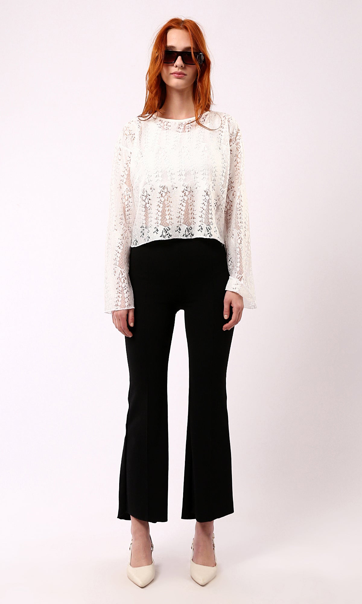 O187825 Self Pattern Slip On Off-White Perforated Blouse