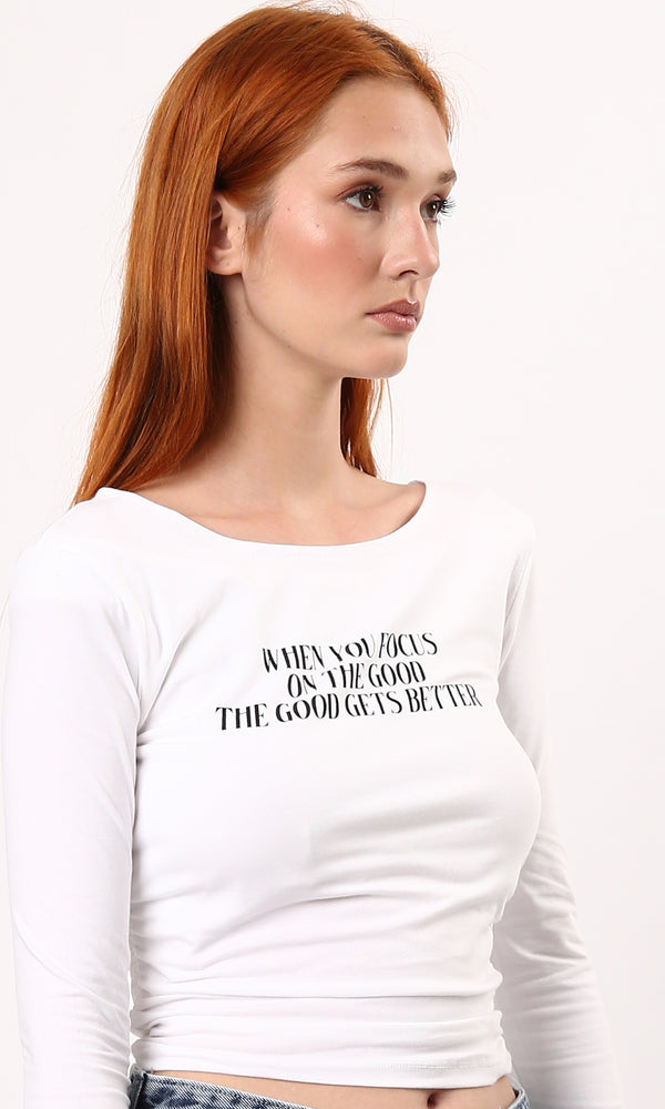 O187842 Printed Boat Neck White Feminine Short Top