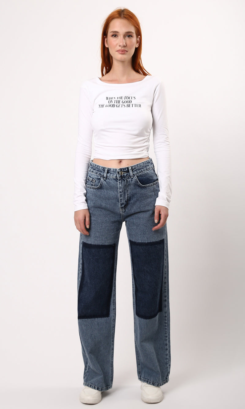 O187842 Printed Boat Neck White Feminine Short Top