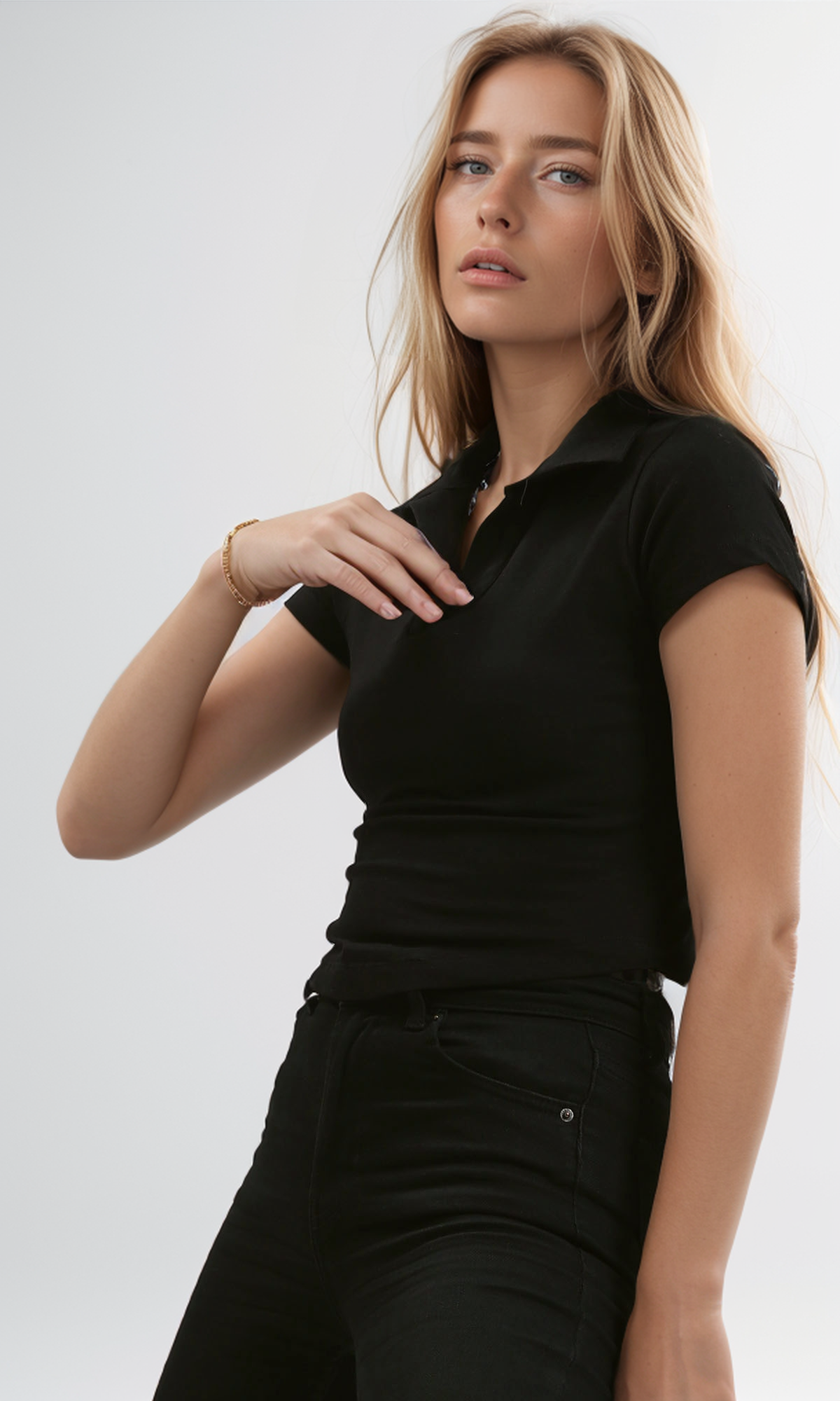 O187843 Open Neck Black Short Sleeves Summer Polo Shirt