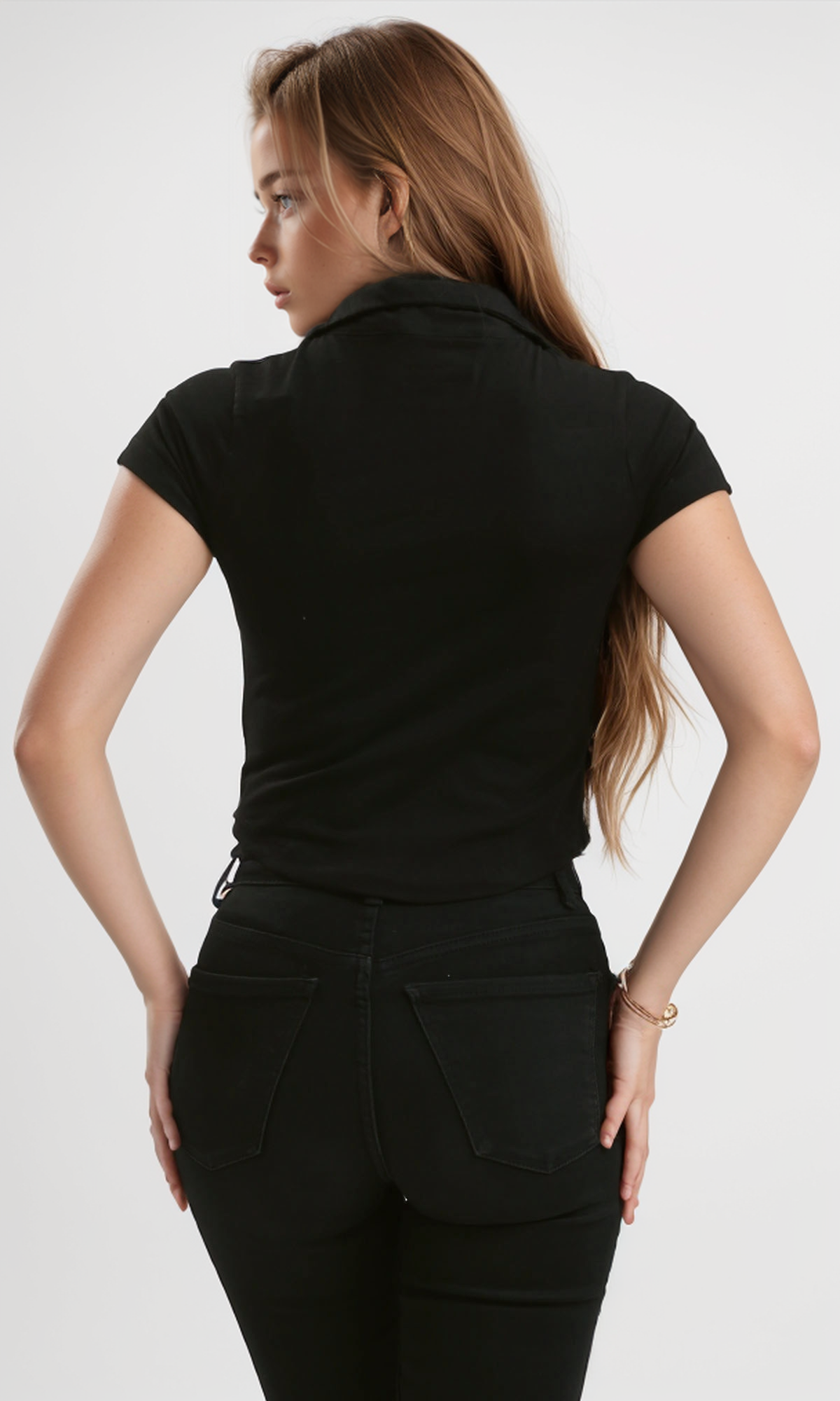 O187843 Open Neck Black Short Sleeves Summer Polo Shirt