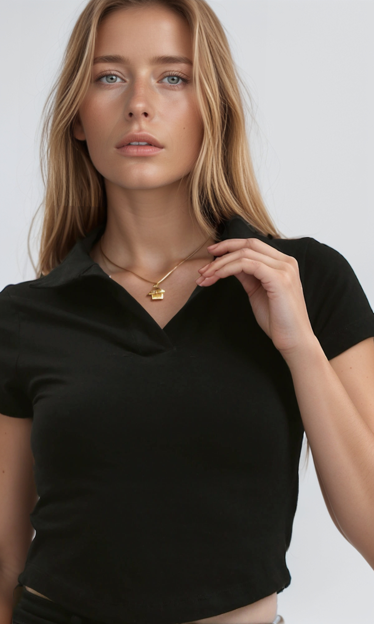 O187843 Open Neck Black Short Sleeves Summer Polo Shirt
