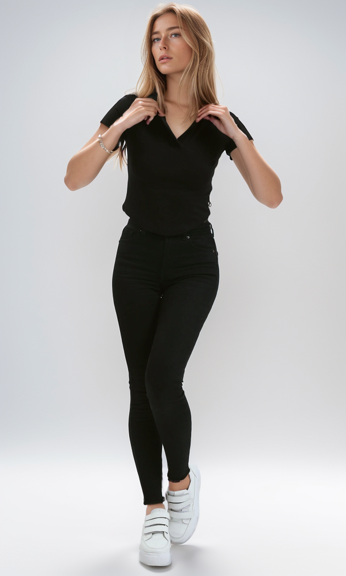 O187843 Open Neck Black Short Sleeves Summer Polo Shirt