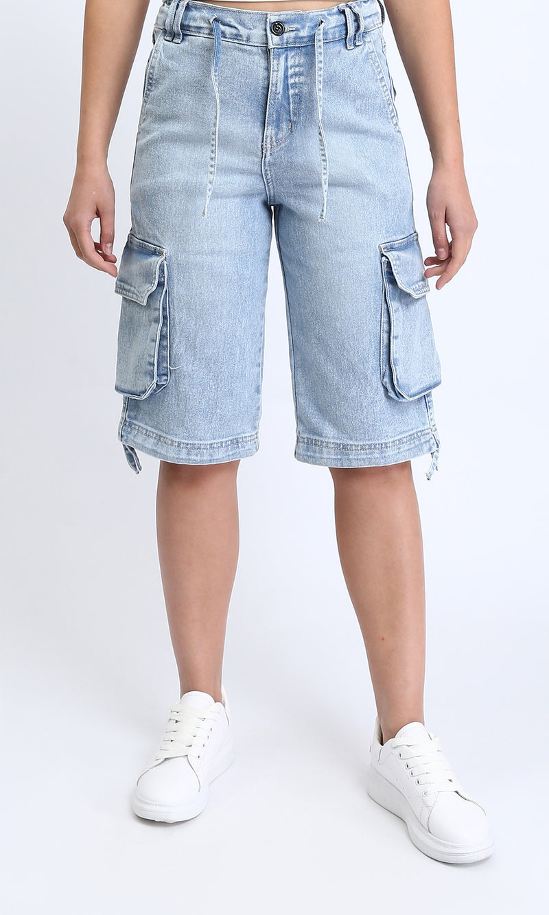 O187846 - Casual Long Denim Shorts with Pockets - Light Blue