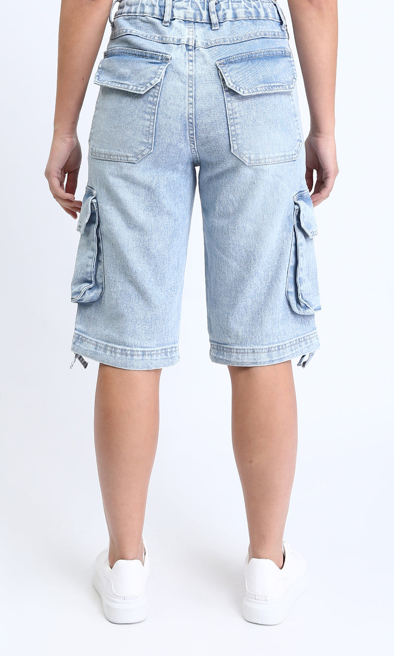 O187846 - Casual Long Denim Shorts with Pockets - Light Blue