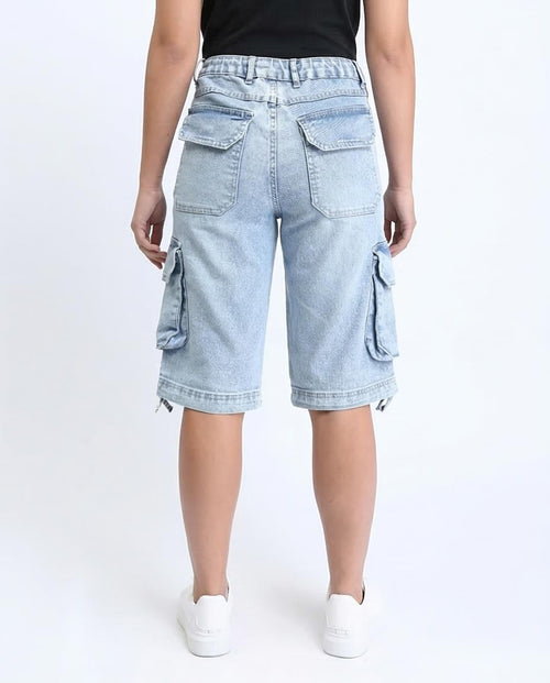 Ravin Relaxed-Fit Light Wash Denim Cargo Shorts with Drawstring Waist - Light Blue - O187846