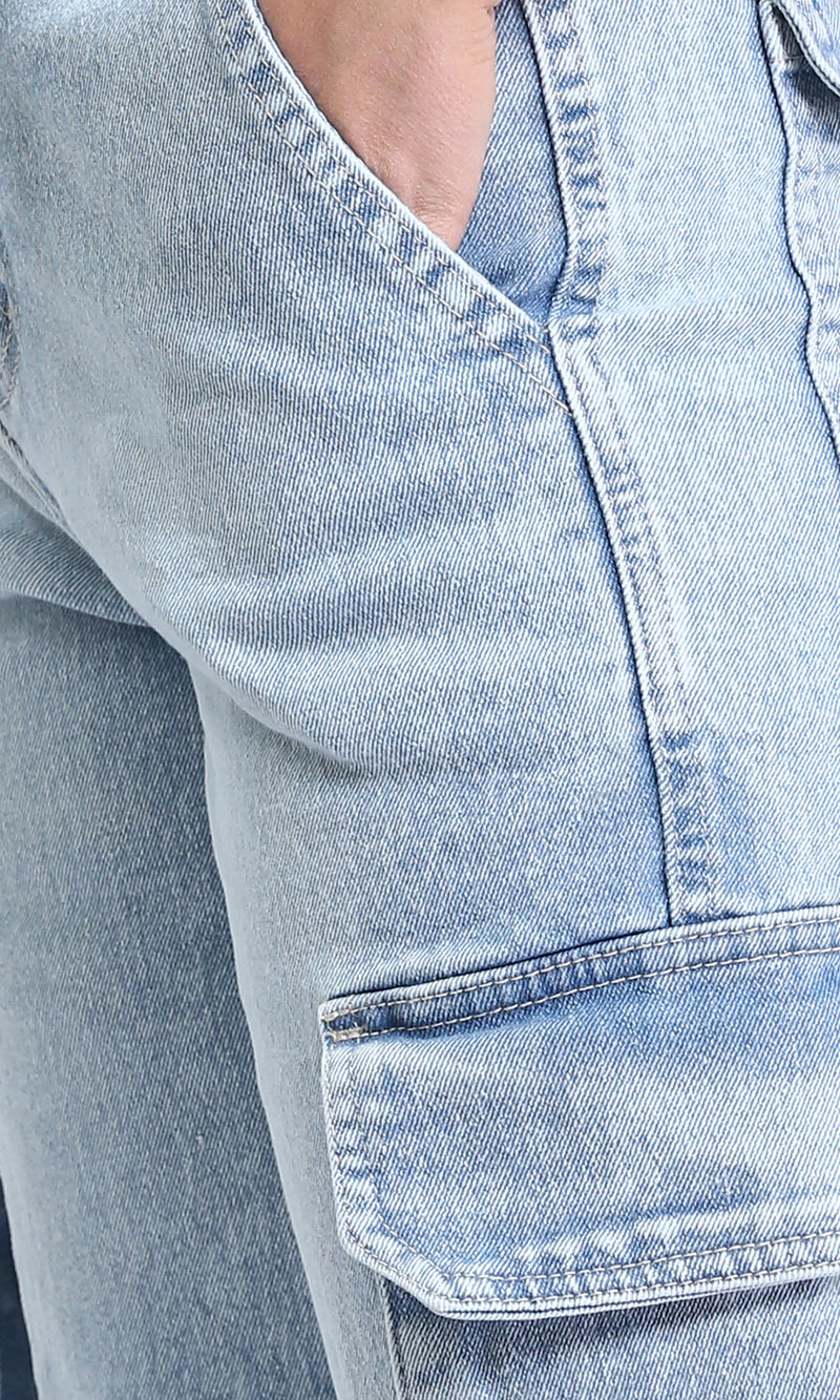 O187846 - Casual Long Denim Shorts with Pockets - Light Blue