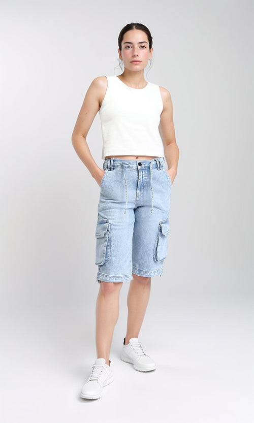 O187846 - Casual Long Denim Shorts with Pockets - Light Blue