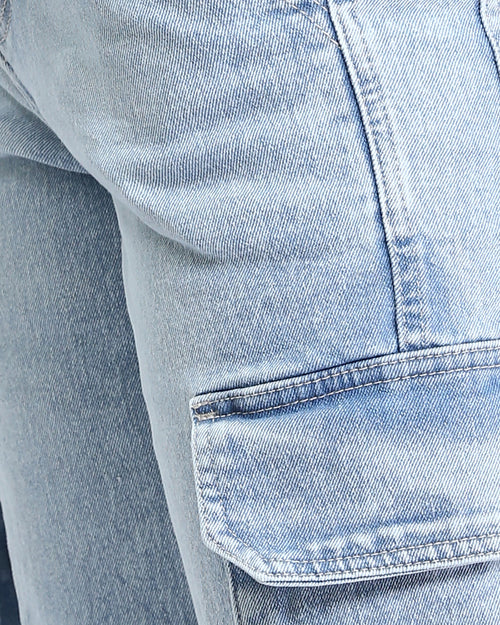 Ravin Relaxed-Fit Light Wash Denim Cargo Shorts with Drawstring Waist - Light Blue - O187846