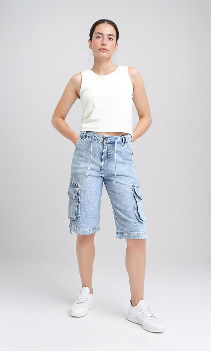 O187846 - Casual Long Denim Shorts with Pockets - Light Blue