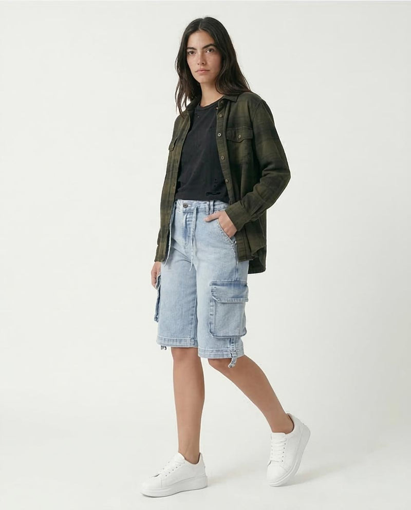 Ravin Relaxed-Fit Light Wash Denim Cargo Shorts with Drawstring Waist - Light Blue - O187846