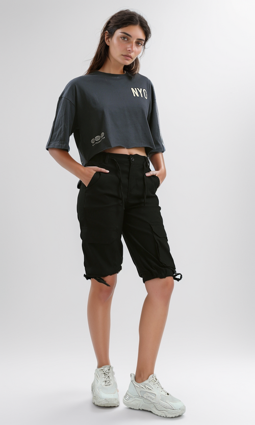 O187851 Comfy Feminine Black Textured Wide Bermuda