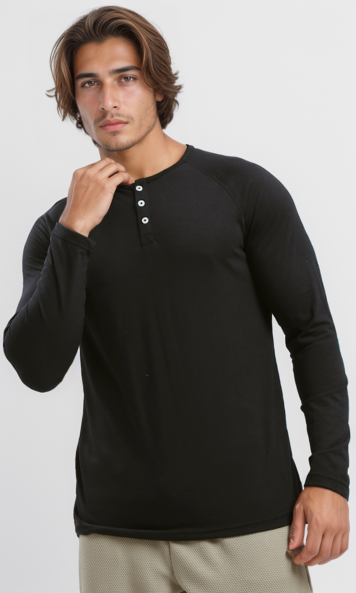 O187980 Buttoned Round Neck Black Henley Shirt