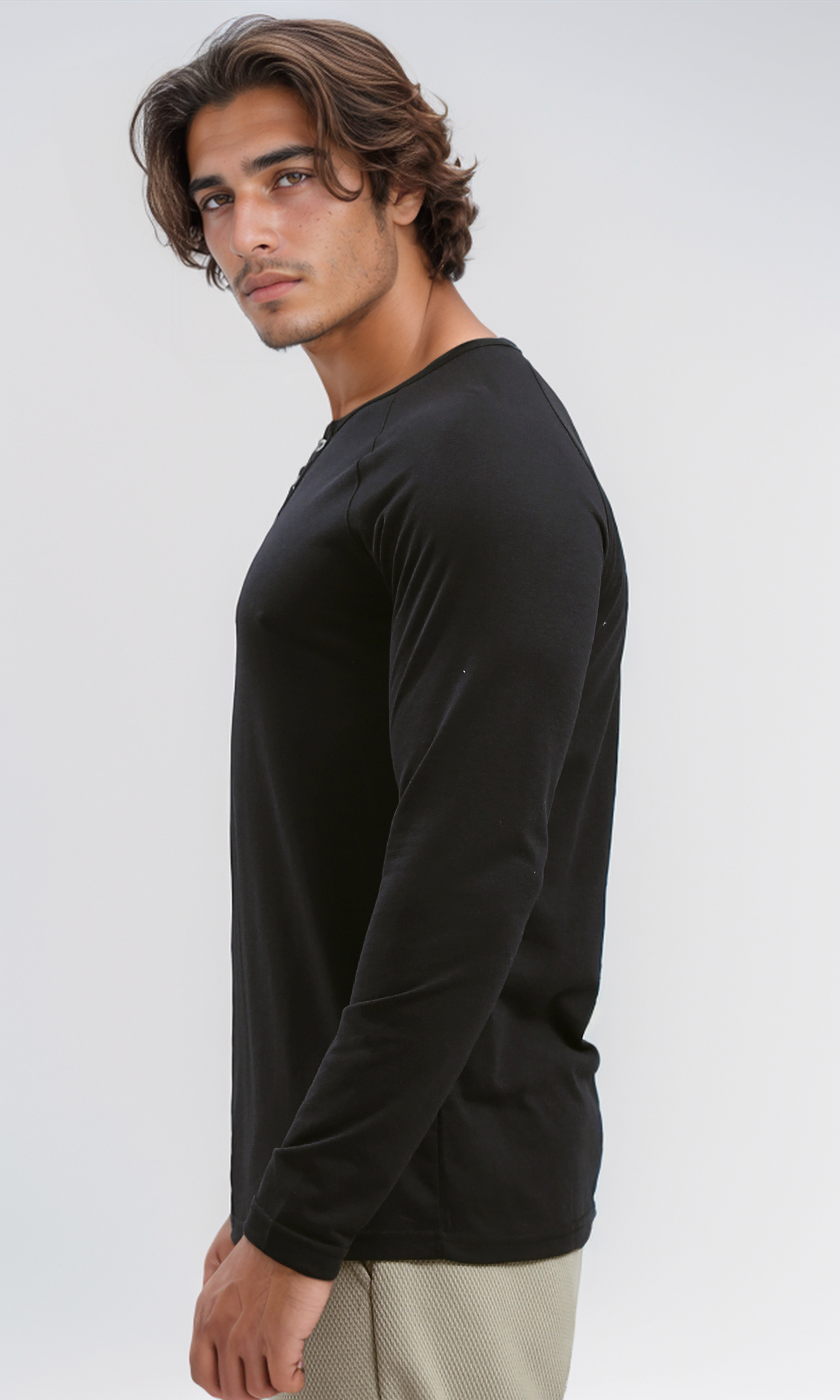 O187980 Buttoned Round Neck Black Henley Shirt