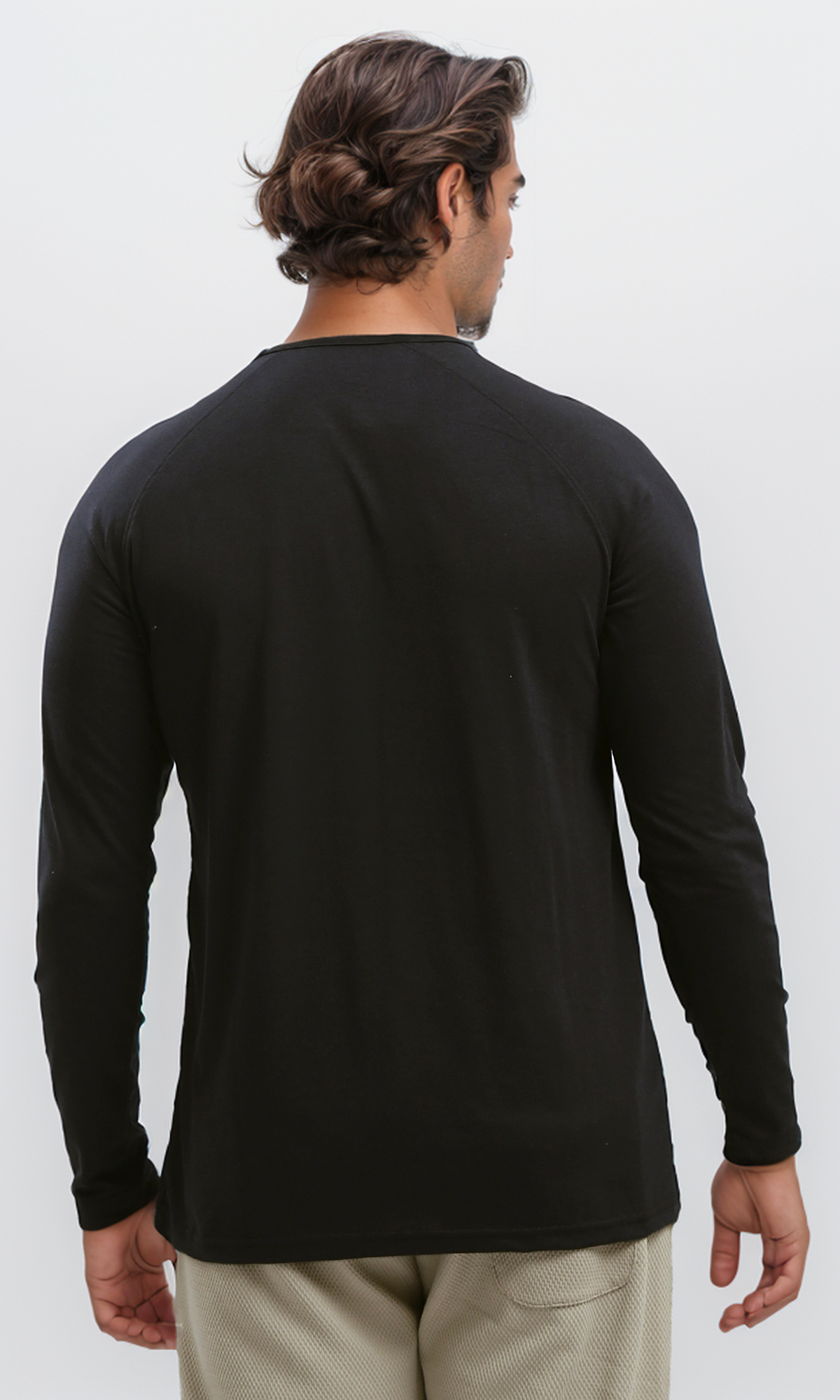 O187980 Buttoned Round Neck Black Henley Shirt