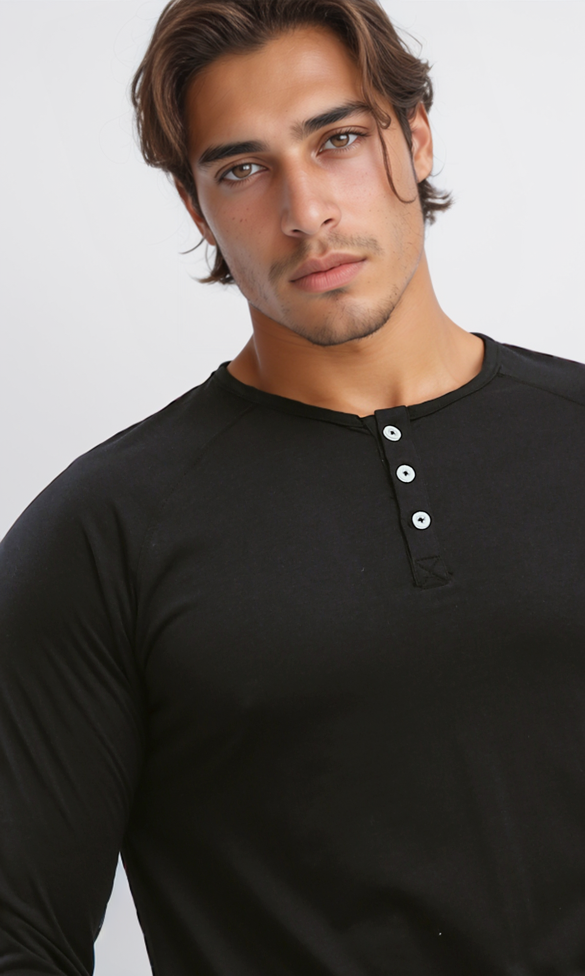 O187980 Buttoned Round Neck Black Henley Shirt