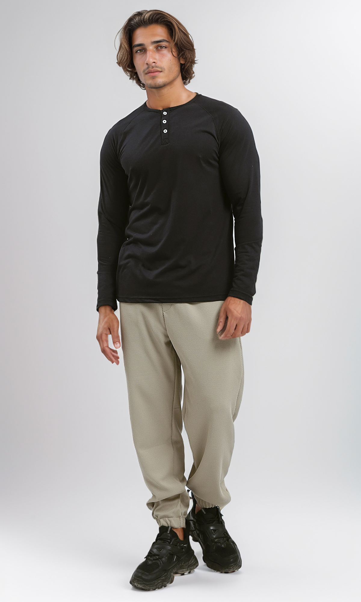 O187980 Buttoned Round Neck Black Henley Shirt