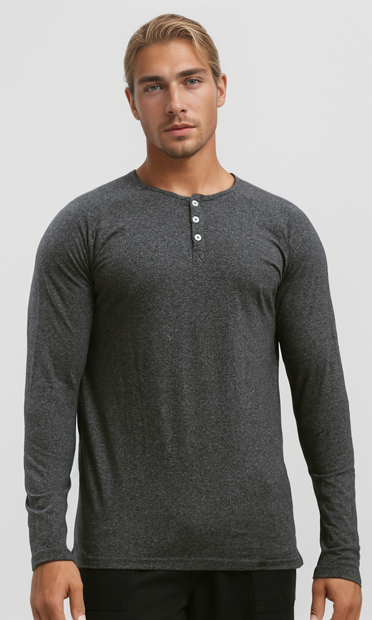 O187981 Long Sleeves Regular Fit Heather Dark Grey Henley Shirt