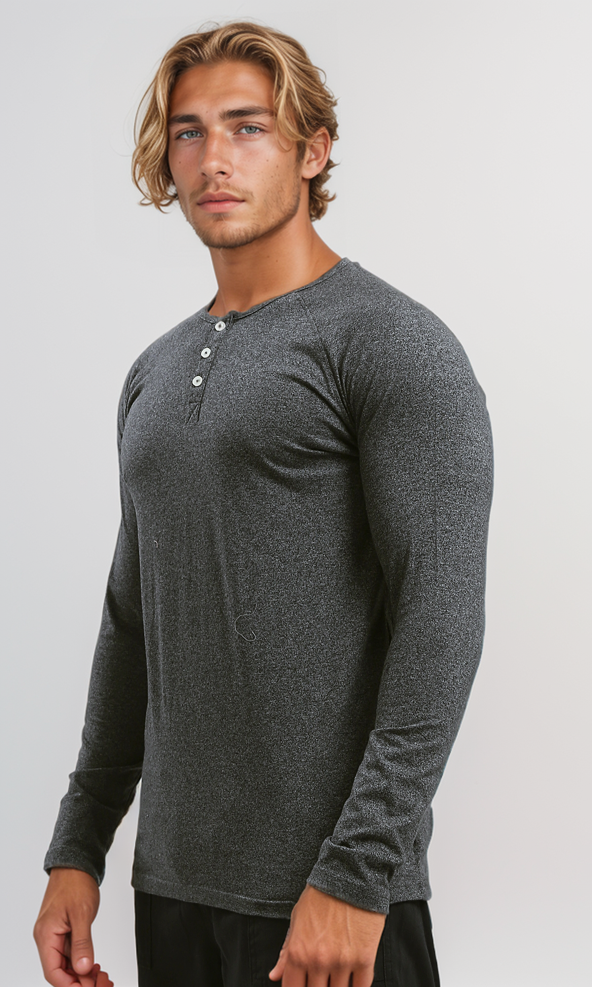 O187981 Long Sleeves Regular Fit Heather Dark Grey Henley Shirt