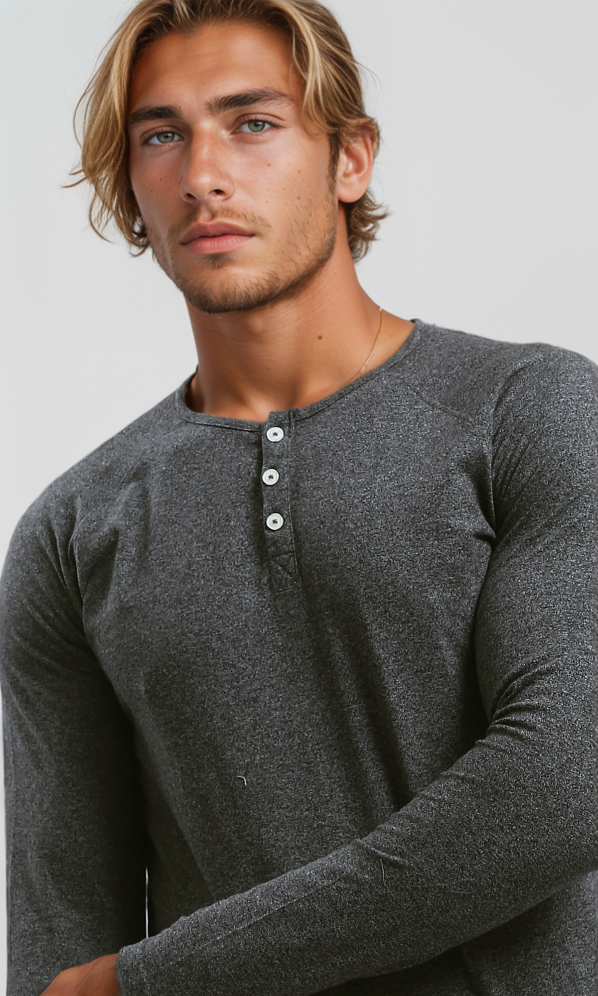 O187981 Long Sleeves Regular Fit Heather Dark Grey Henley Shirt