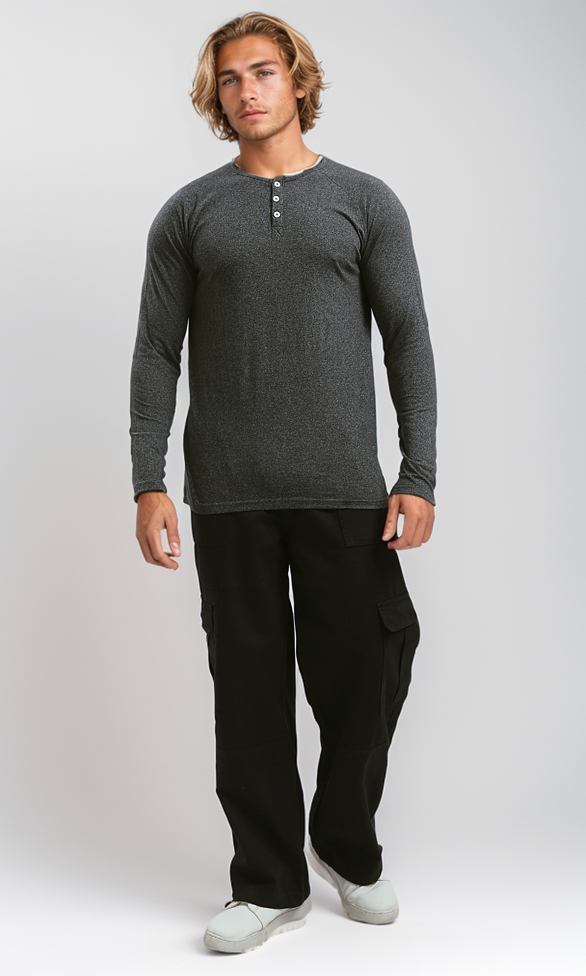 O187981 Long Sleeves Regular Fit Heather Dark Grey Henley Shirt