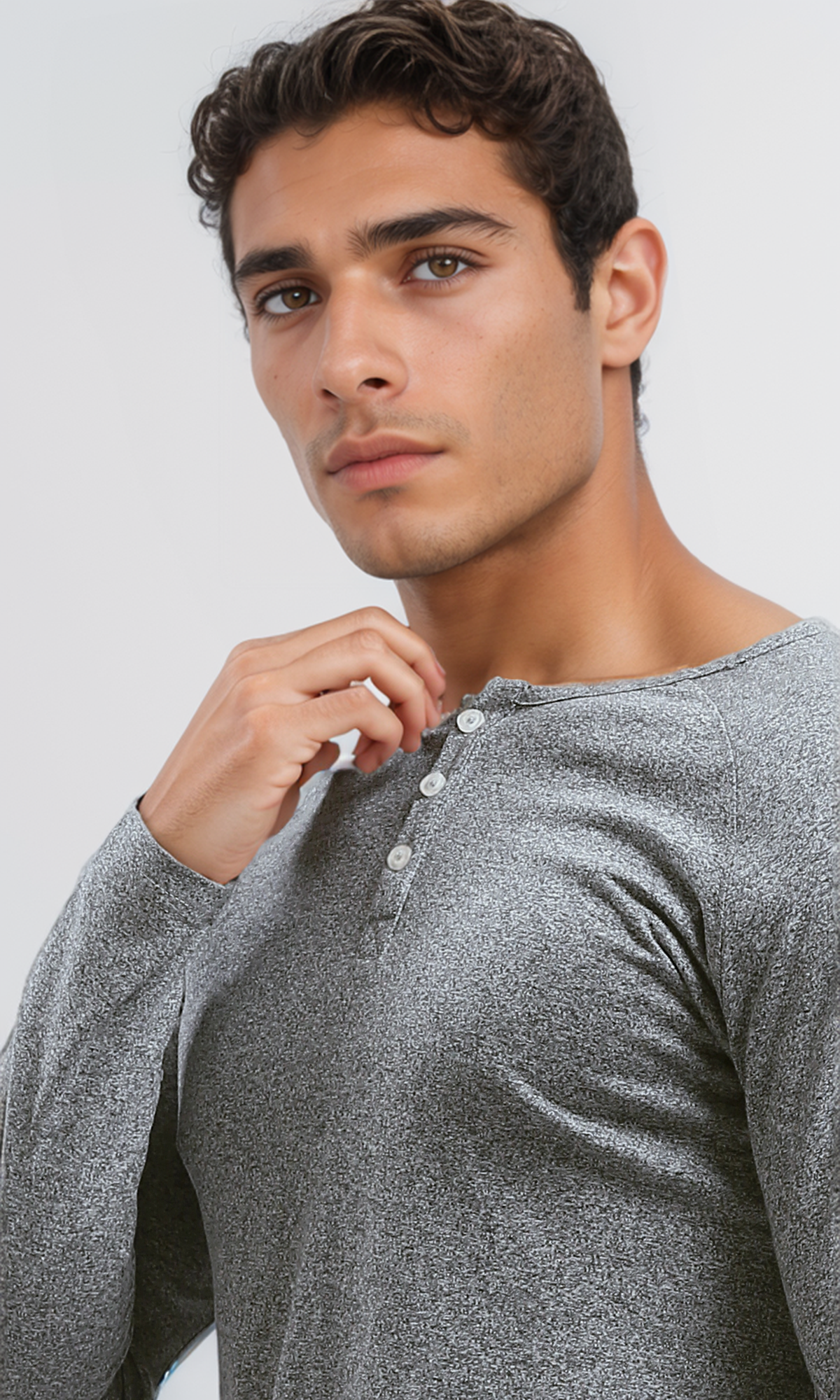 O187982 Heather Grey Buttoned Summer Henley Shirt