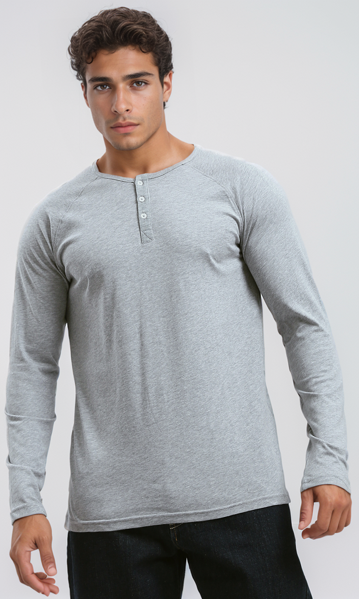 O187985 Cotton Henley Shirt With Buttoned Neck - Heather Light Grey