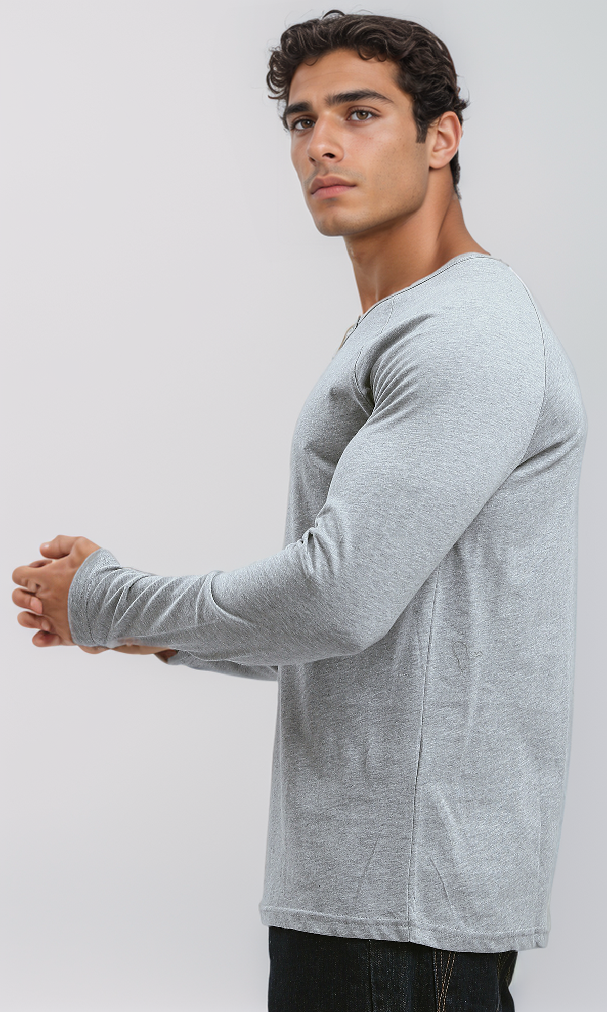 O187985 Cotton Henley Shirt With Buttoned Neck - Heather Light Grey