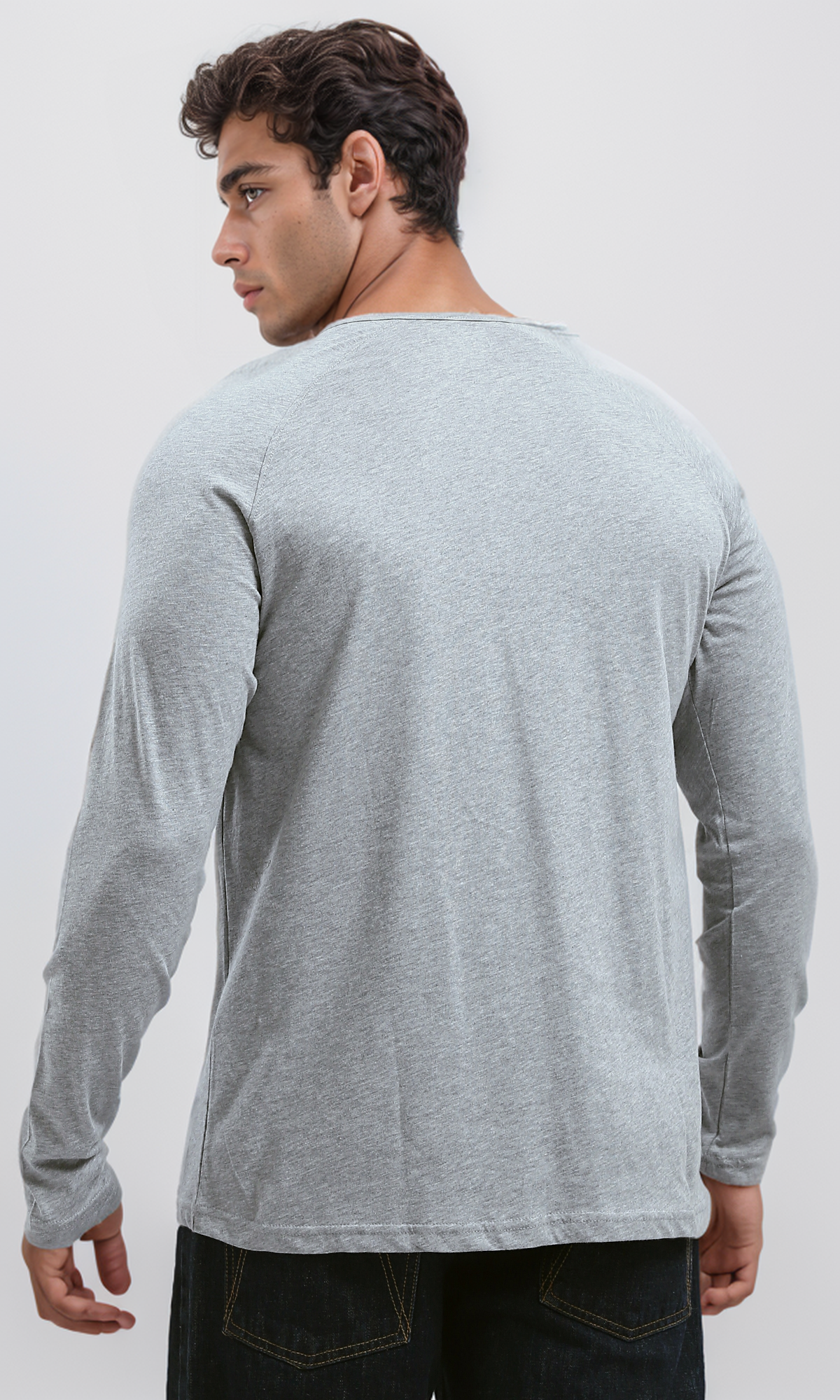 O187985 Cotton Henley Shirt With Buttoned Neck - Heather Light Grey