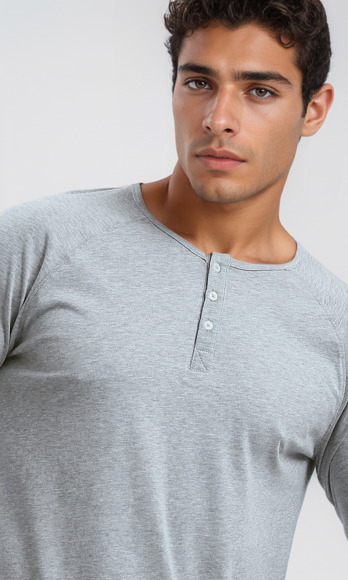 O187985 Cotton Henley Shirt With Buttoned Neck - Heather Light Grey