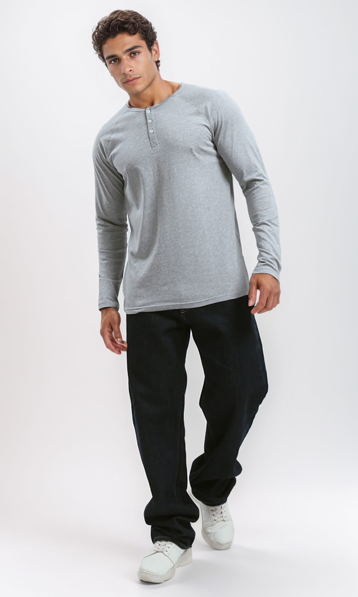 O187985 Cotton Henley Shirt With Buttoned Neck - Heather Light Grey