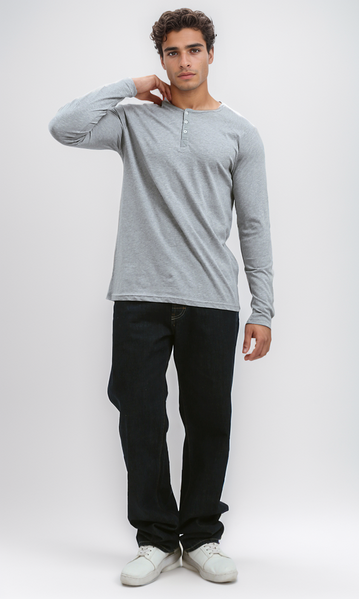 O187985 Cotton Henley Shirt With Buttoned Neck - Heather Light Grey