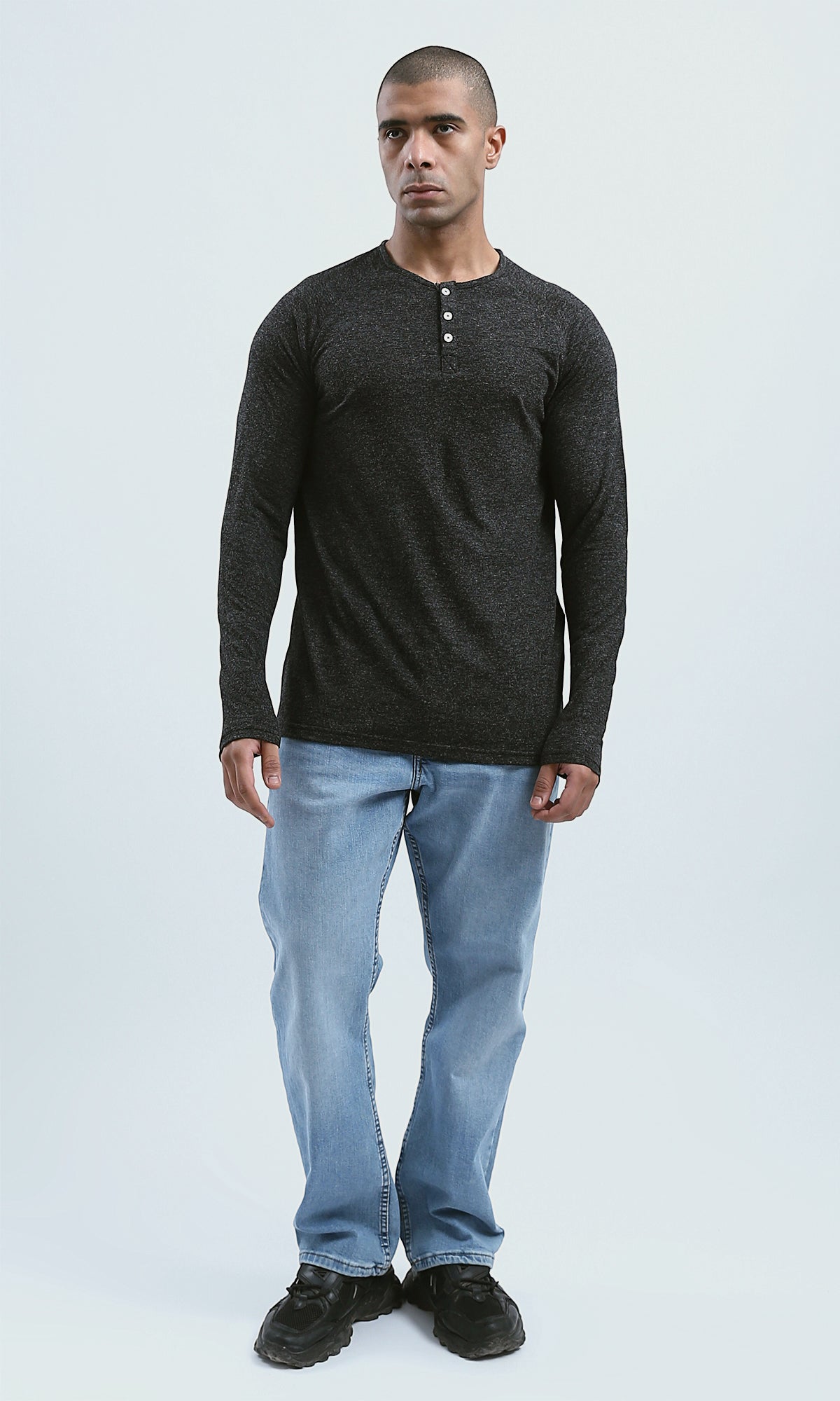 O187987 Regular Fit Heahter Black Long Sleeves Henley Shirt