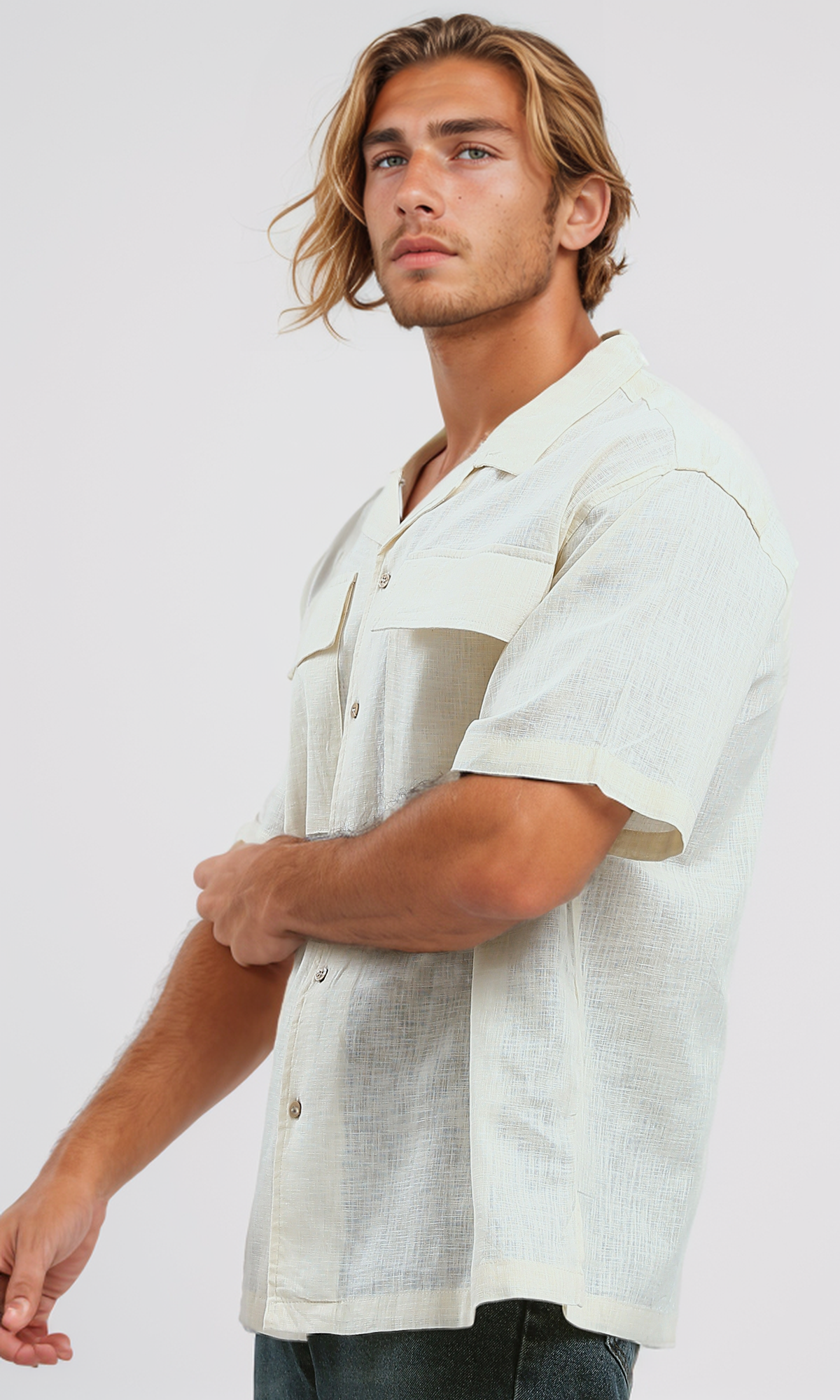 O188292 Elbow-Sleeves Linen Textured Cream Shirt