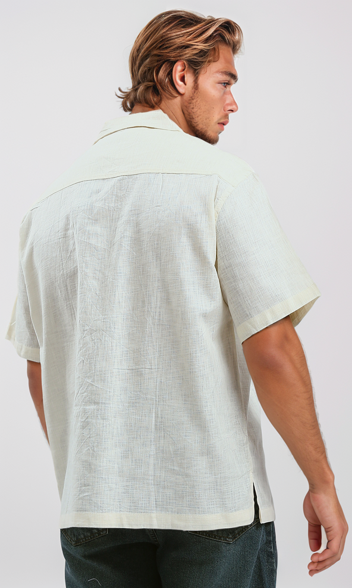 O188292 Elbow-Sleeves Linen Textured Cream Shirt