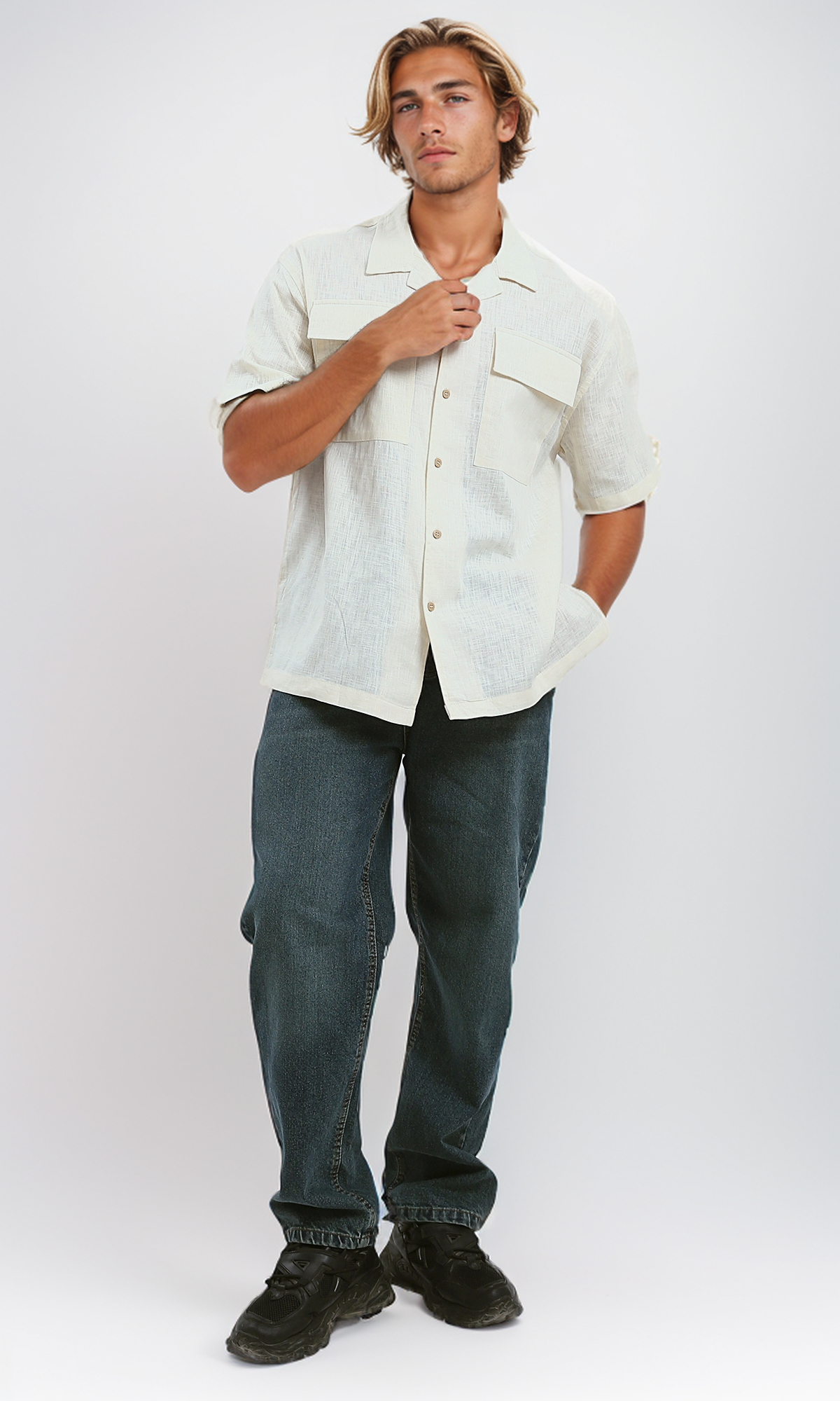 O188292 Elbow-Sleeves Linen Textured Cream Shirt