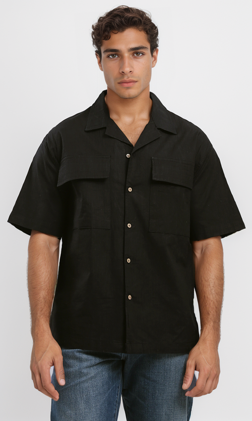 O188293 Black Textured Shirt With Front Pockets