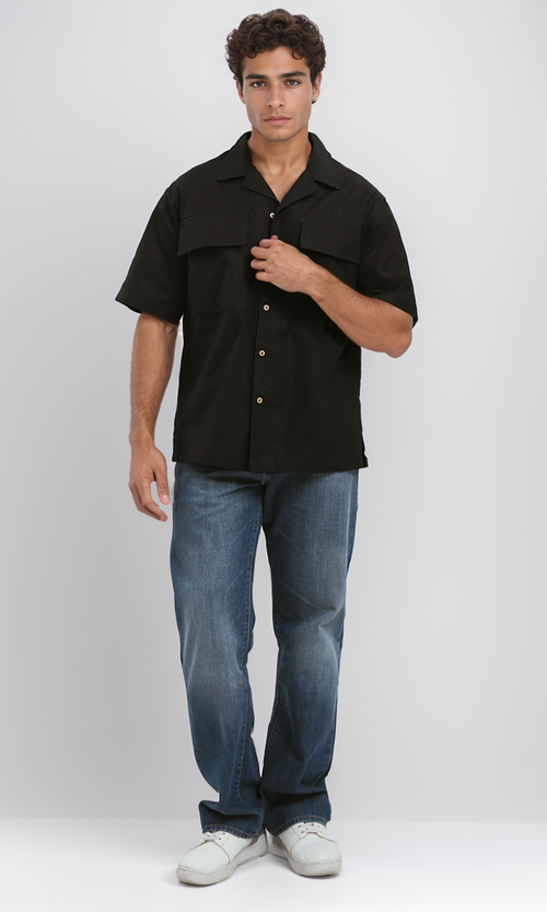 O188293 Black Textured Shirt With Front Pockets